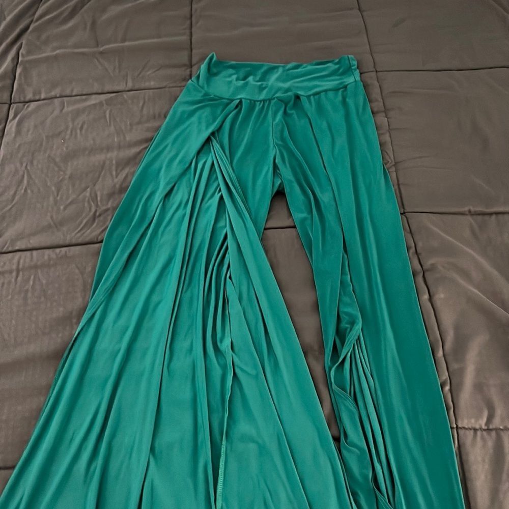 Teal Front Wide Leg Wrap Long Pants